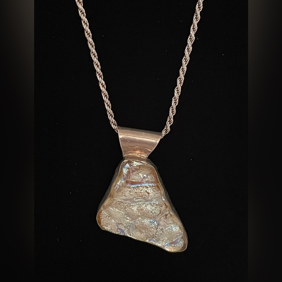 Signed SJ Sterling & Dichroic Pendant w/ 925 23 1/2” Rope Chain Necklace - Picture 3 of 12